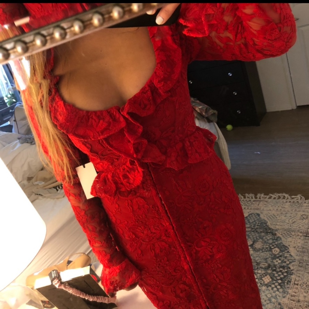 LPA Red Lace Midi Dress with Ruffle Neckline